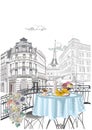 Series of street views with cafes in Paris. Architectural background with historic buildings.